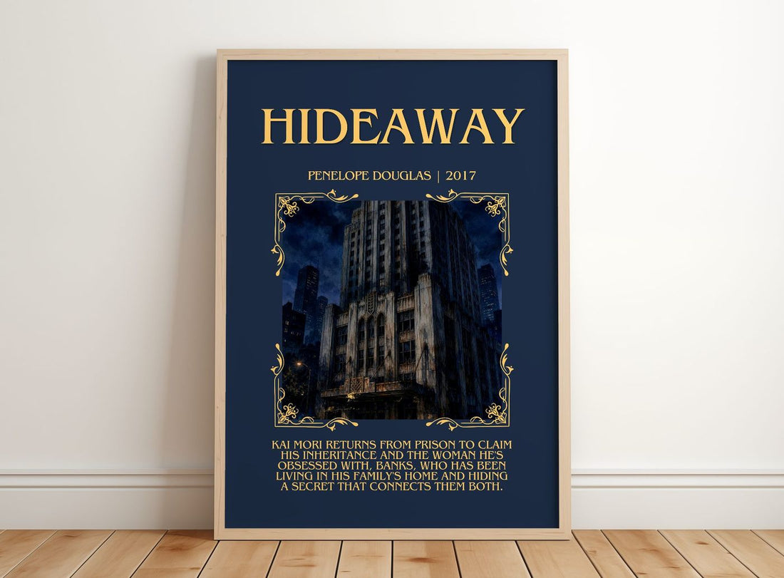 Hideaway Minimalist Book Poster by Penelope Douglas – framed print leaning on a wooden floor