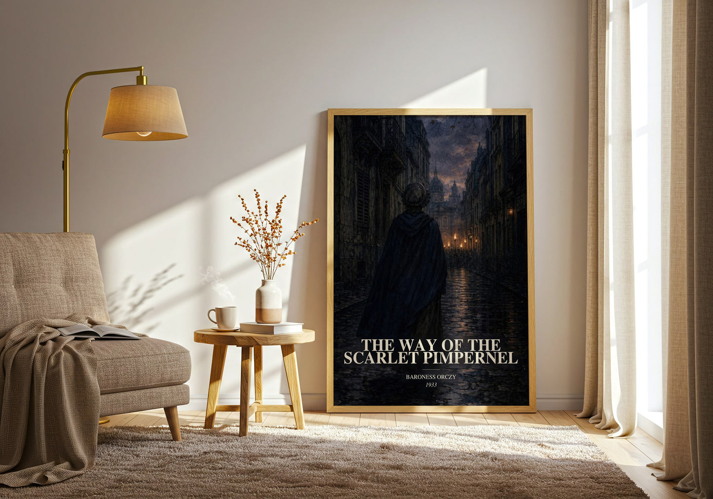 The Way Of The Scarlet Pimpernel watercolour print in frame leaning in hallway – historical fiction wall art