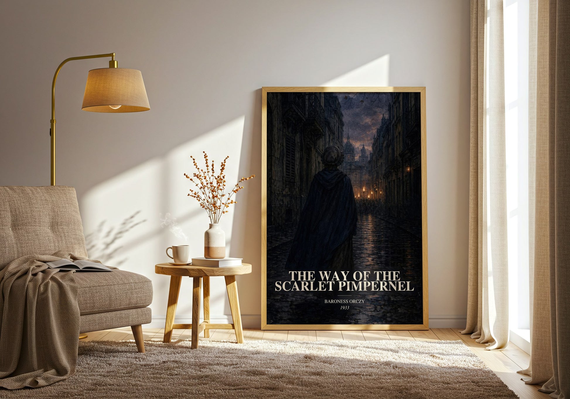 The Way Of The Scarlet Pimpernel watercolour print in frame leaning in hallway – historical fiction wall art