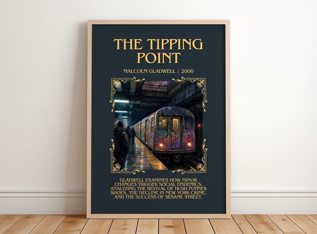 The Tipping Point Minimalist Book Poster by Malcolm Gladwell – framed print leaning on a wooden floor