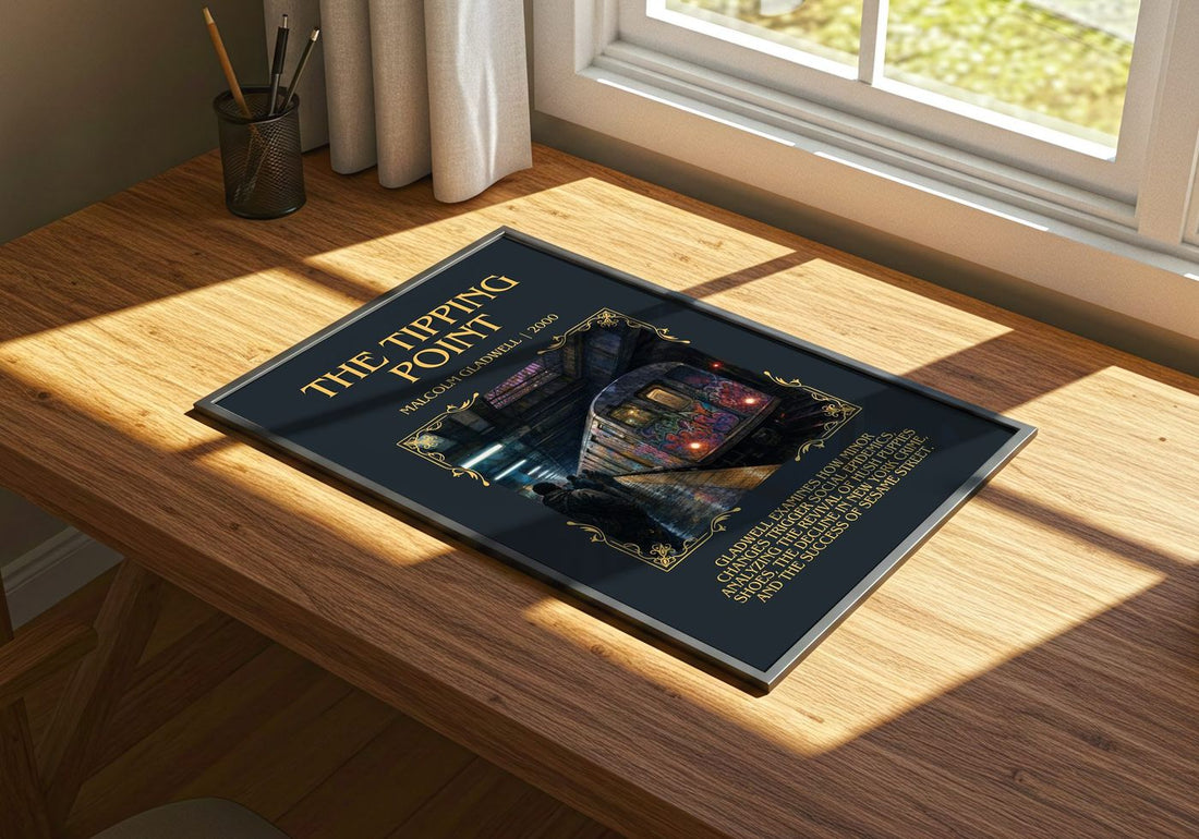 The Tipping Point Minimalist Book Poster by Malcolm Gladwell – print on a sunlit desk