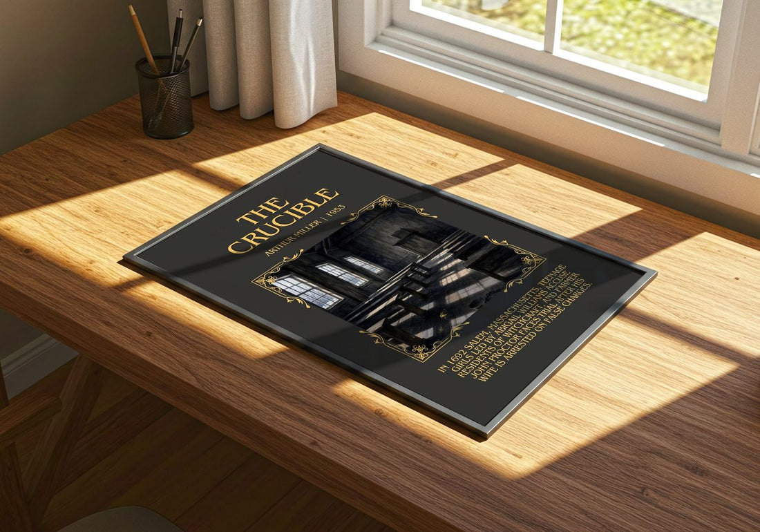 The Crucible Minimalist Book Poster by Arthur Miller – print on a sunlit desk