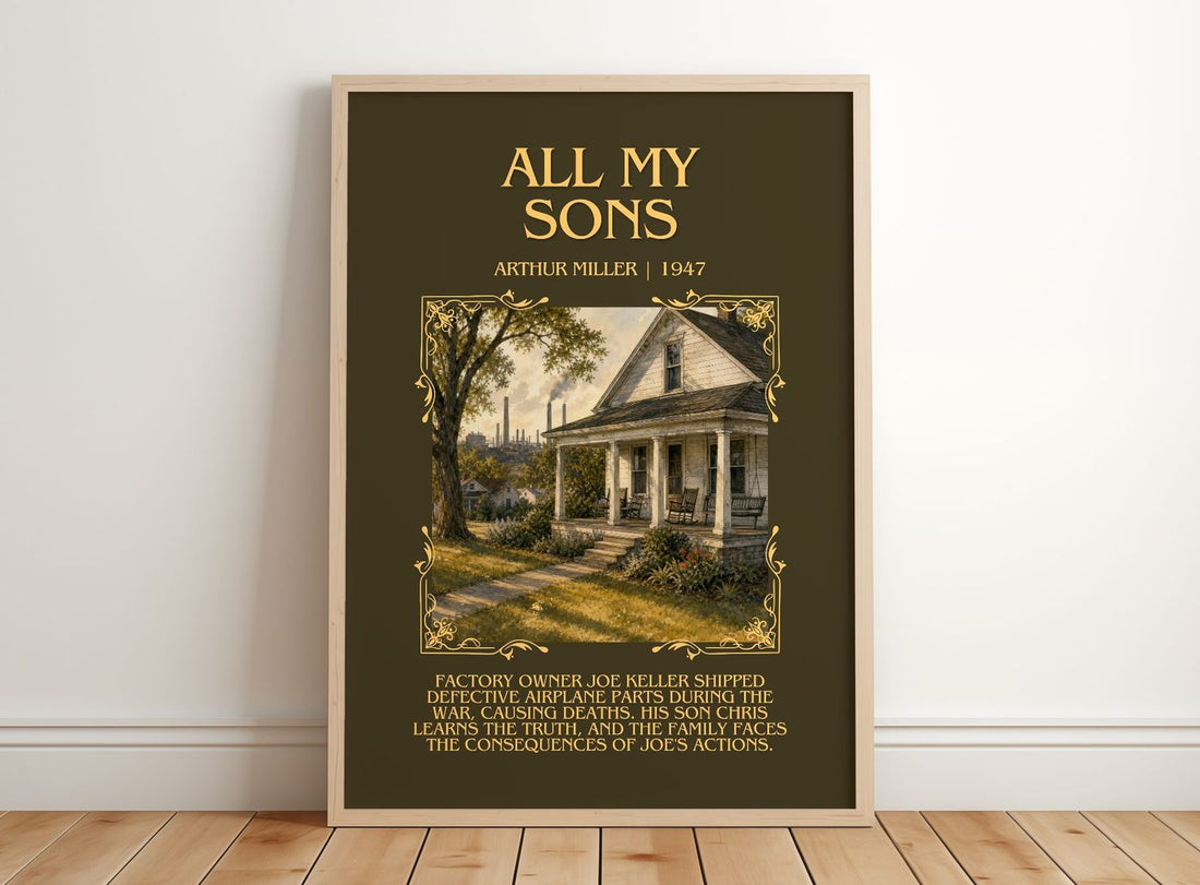 All My Sons Minimalist Book Poster by Arthur Miller – framed print leaning on a wooden floor