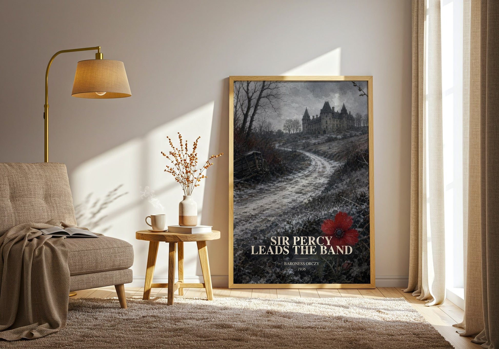 Sir Percy Leads The Band watercolour print in frame leaning in hallway – historical fiction wall art