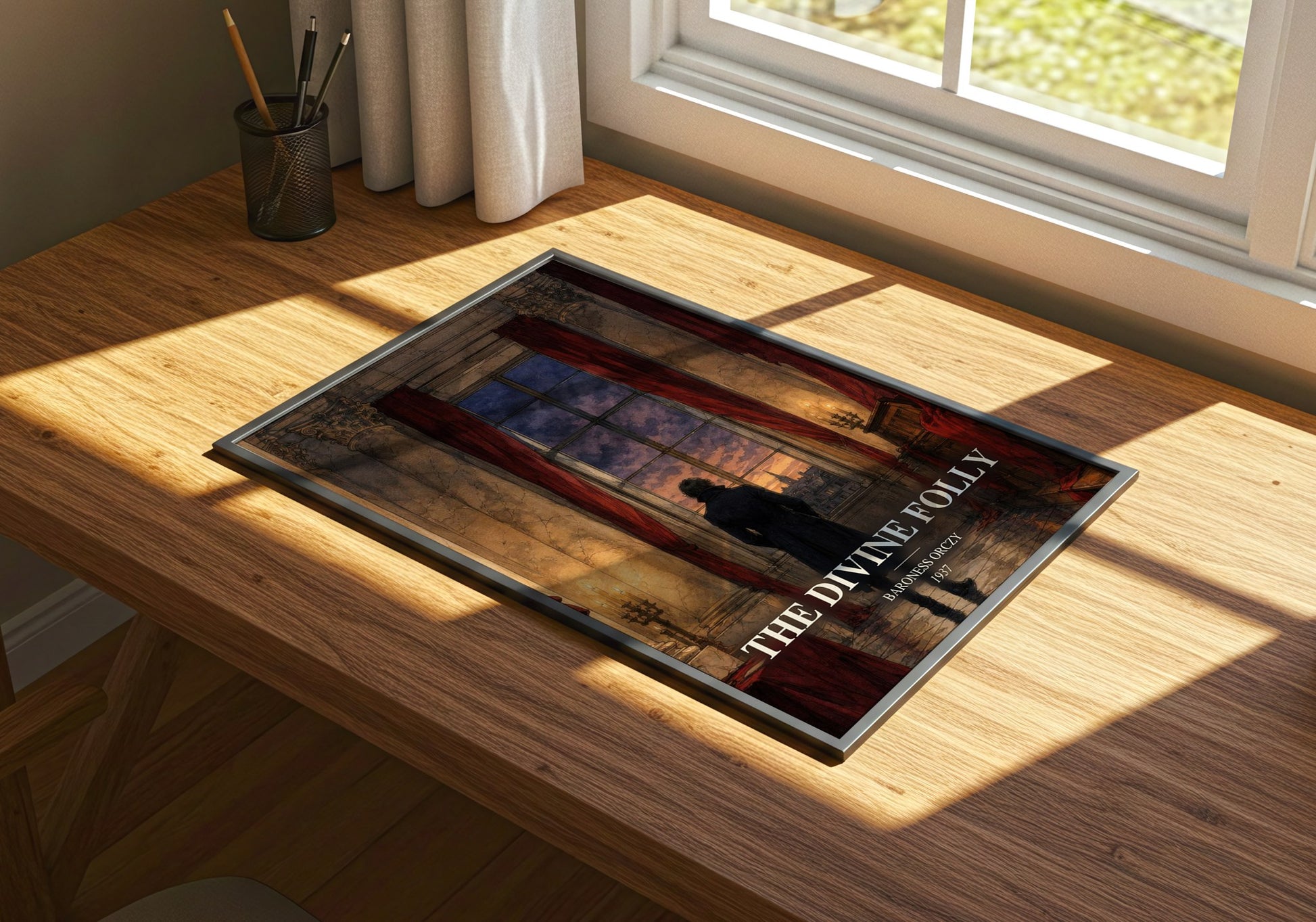 The Divine Folly watercolour book poster framed on wall – historical fiction wall art