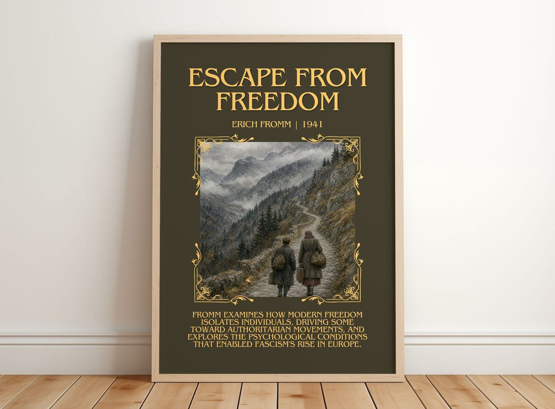 Escape from Freedom Minimalist Book Poster by Erich Fromm – framed print leaning on a wooden floor