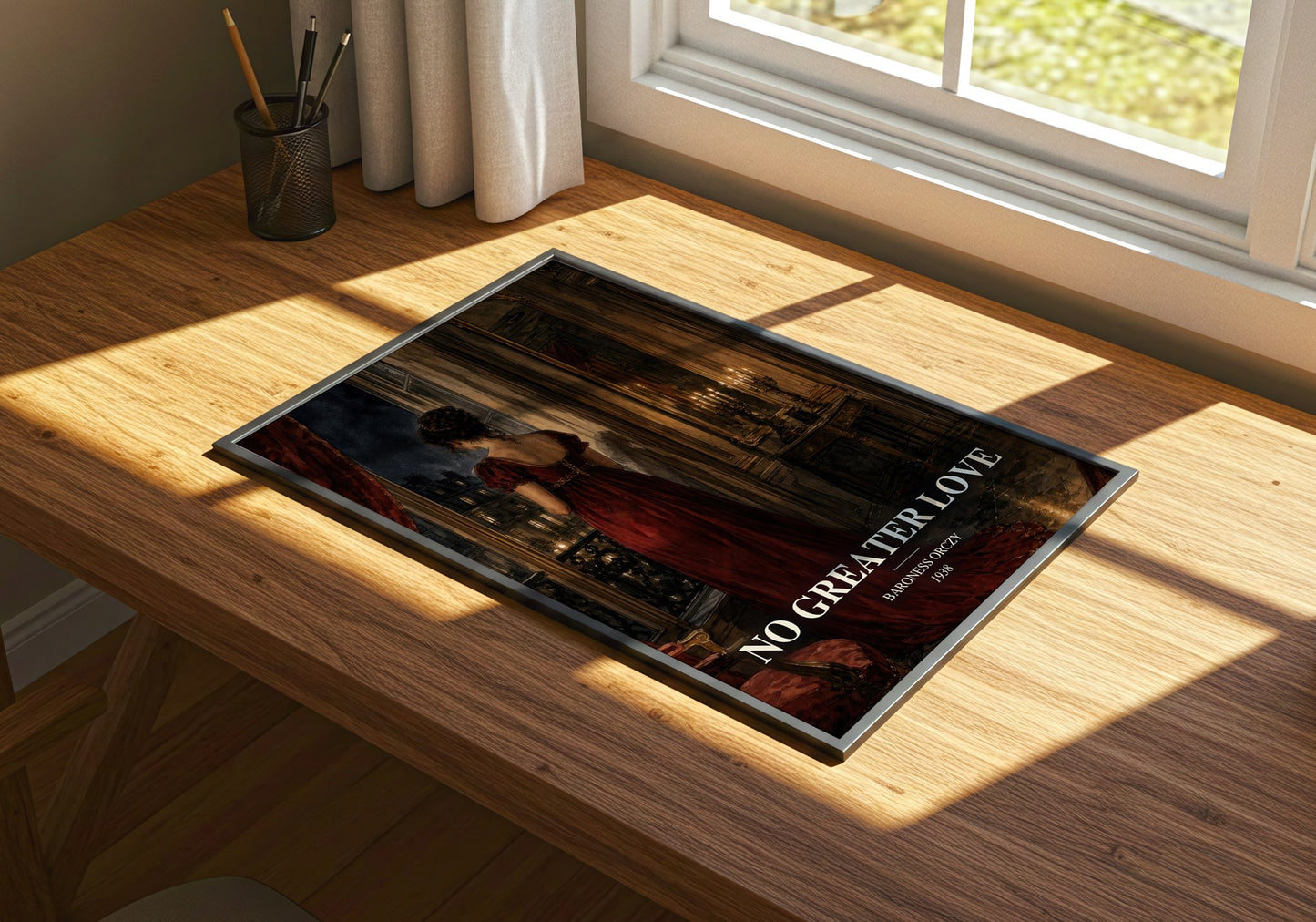 No Greater Love watercolour book poster framed on wall – historical fiction wall art