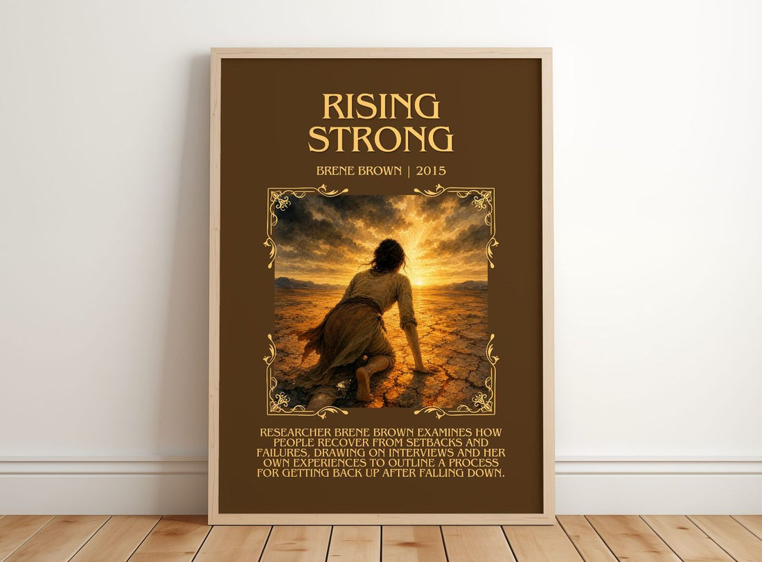 Rising strong Minimalist Book Poster by Brené Brown – framed print leaning on a wooden floor