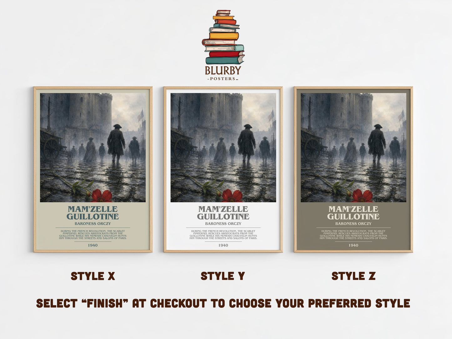 Mam'Zelle Guillotine bookish print in frame leaning in hallway – historical fiction wall art