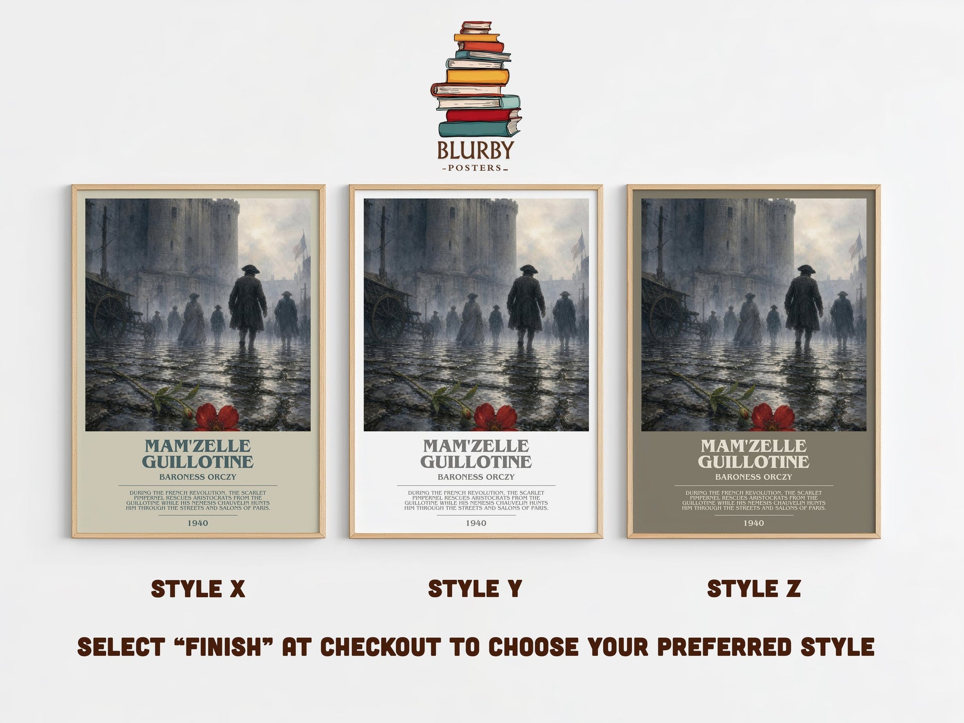 Mam'Zelle Guillotine bookish print in frame leaning in hallway – historical fiction wall art
