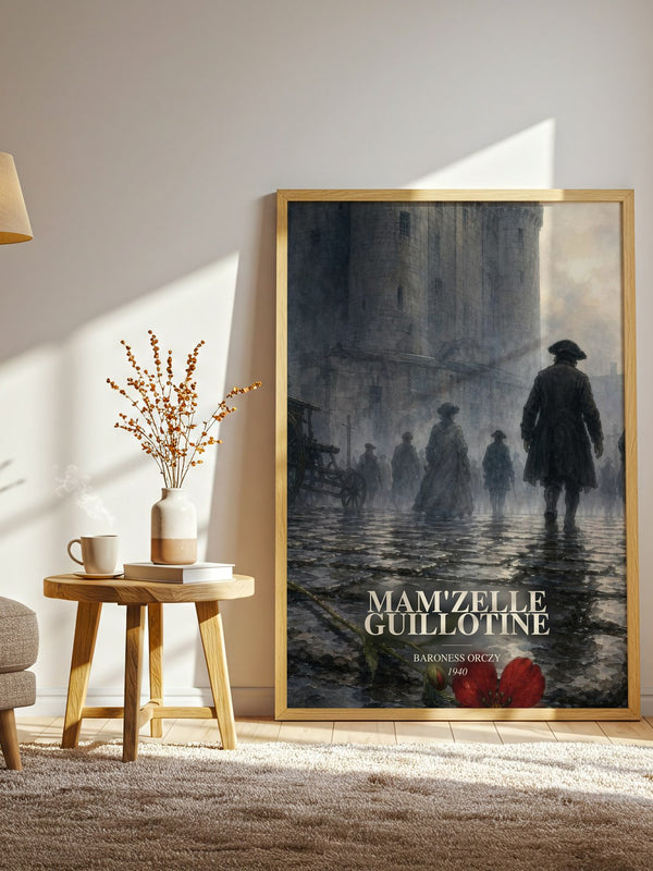 Mam'Zelle Guillotine watercolour print in frame leaning in hallway – historical fiction wall art