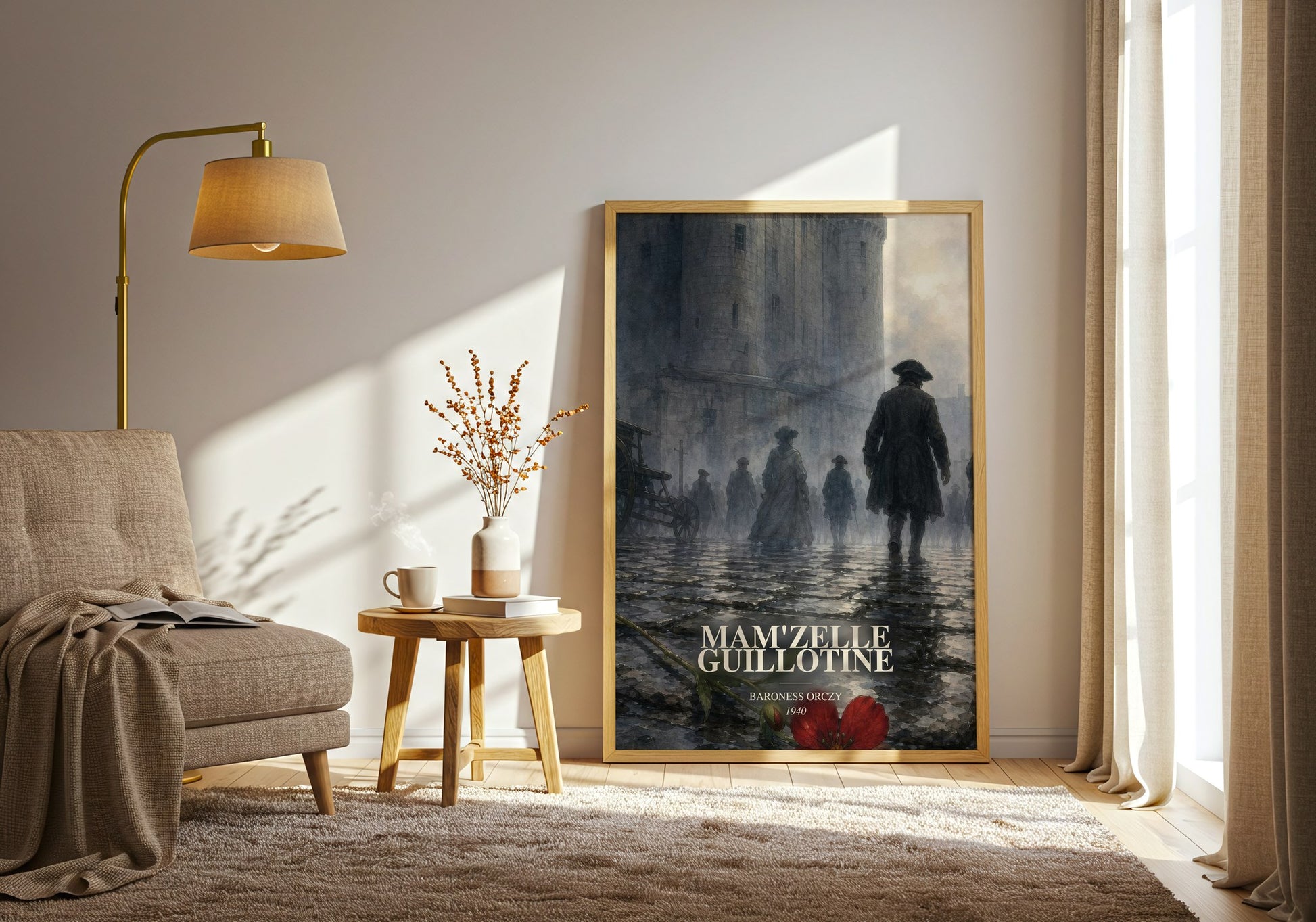 Mam'Zelle Guillotine watercolour print in frame leaning in hallway – historical fiction wall art