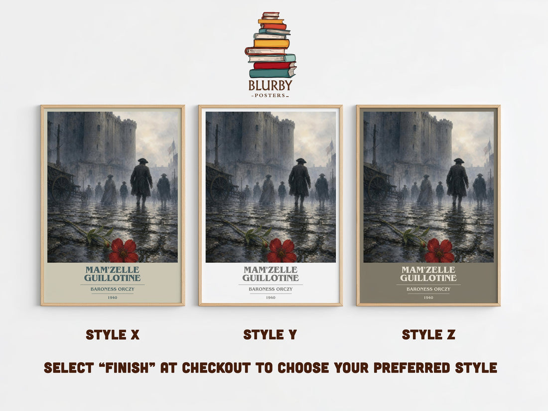 Mam'Zelle Guillotine book cover print in frame leaning in hallway – historical fiction wall art (mockup)