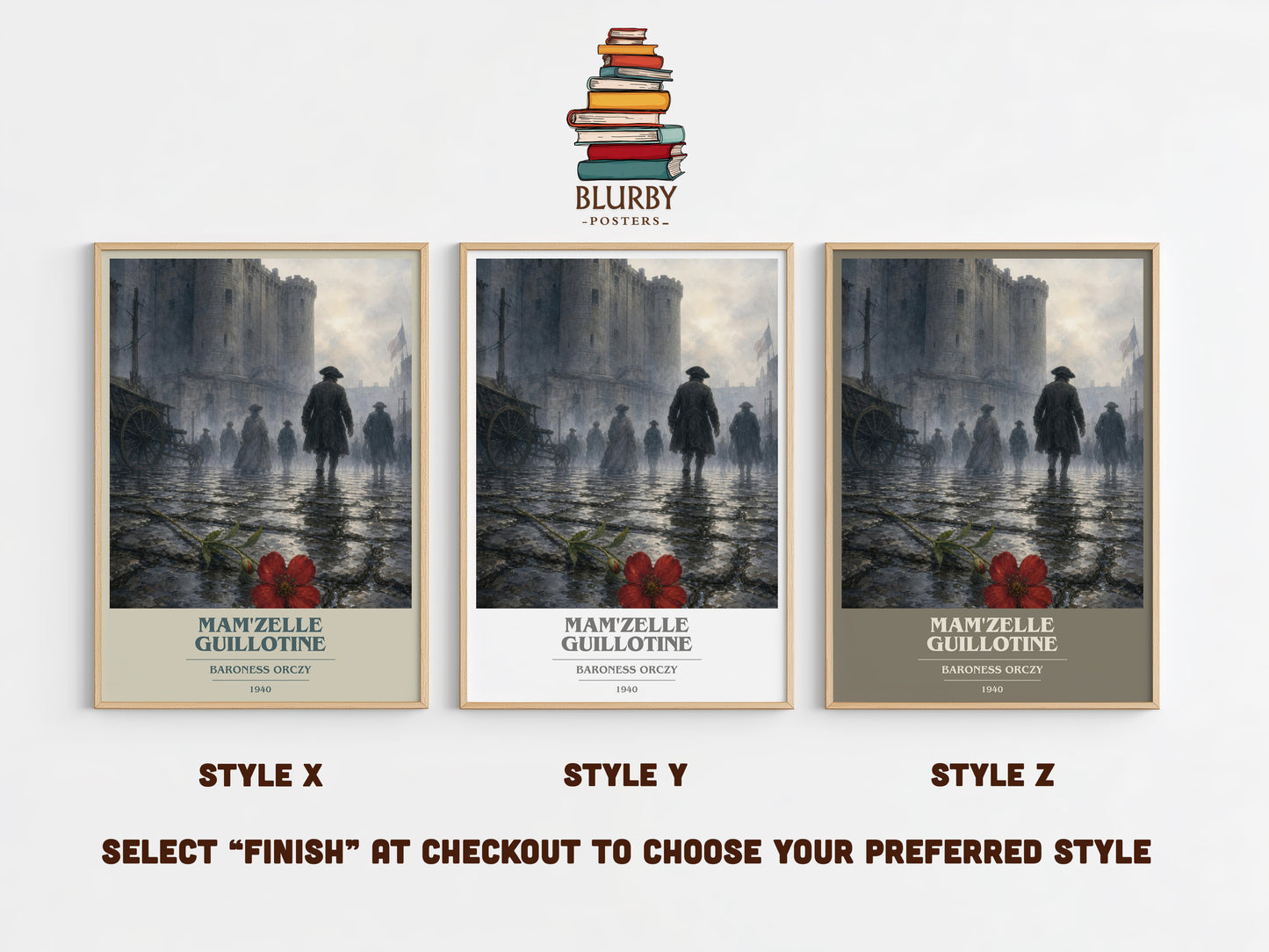 Mam'Zelle Guillotine book cover print in frame leaning in hallway – historical fiction wall art