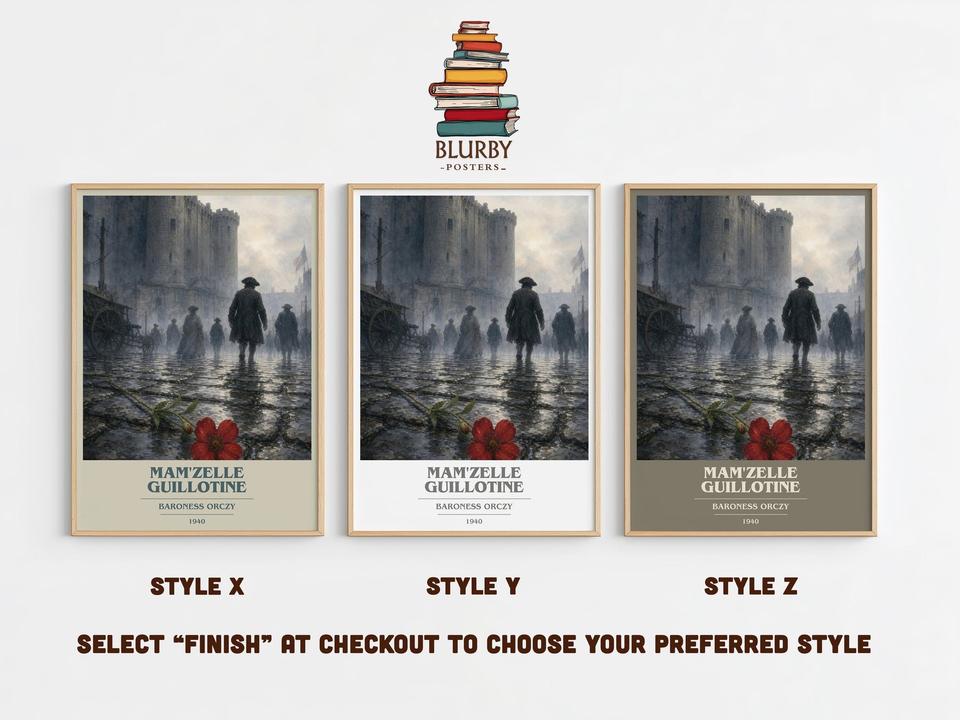 Mam'Zelle Guillotine book cover print in frame leaning in hallway – historical fiction wall art