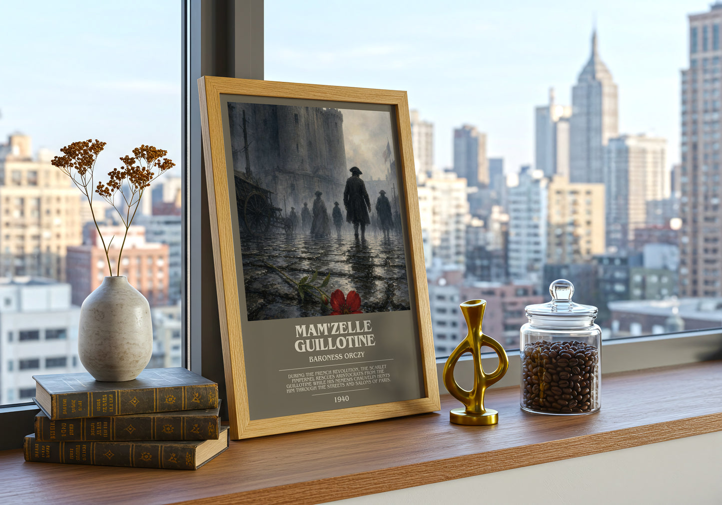 Mam'Zelle Guillotine bookish print framed by window – literary home decor