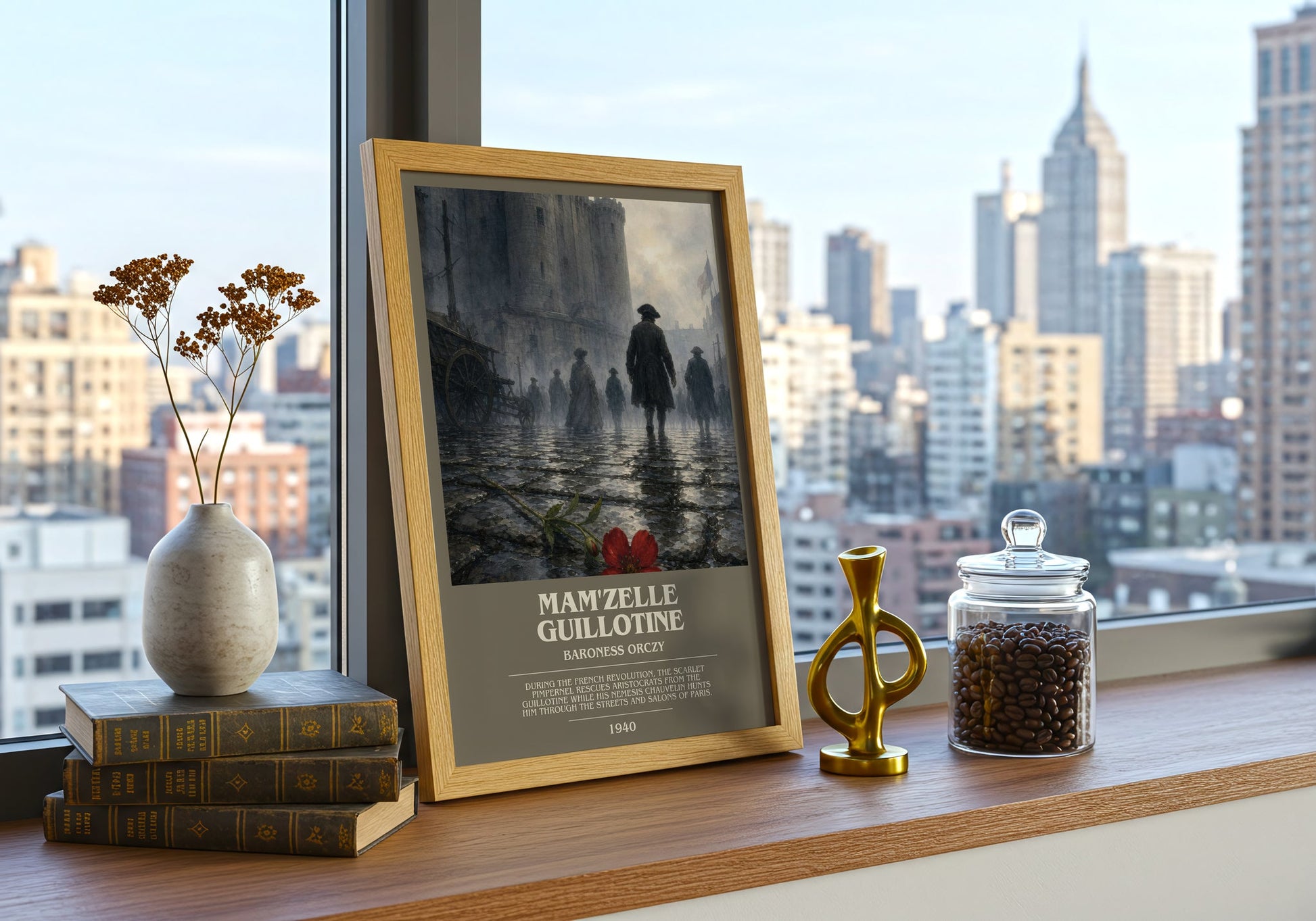 Mam'Zelle Guillotine bookish print framed by window – literary home decor