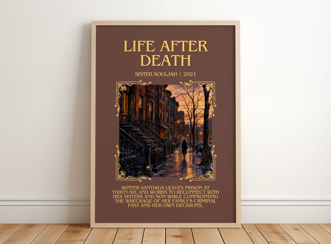 Life After Death Minimalist Book Poster by Sister Souljah – framed print leaning on a wooden floor