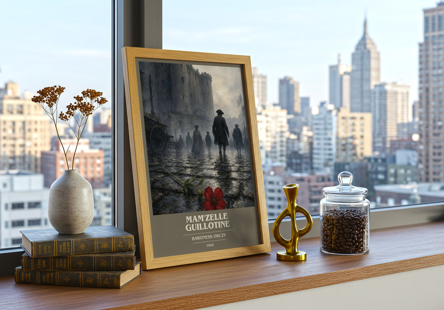 Mam'Zelle Guillotine book cover print framed by window – literary home decor