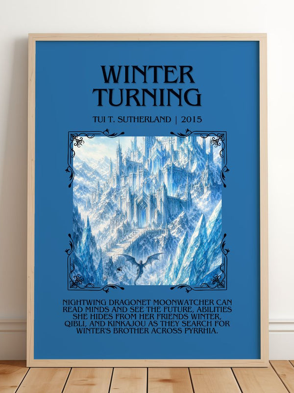 Winter Turning Minimalist Book Poster by Tui T. Sutherland – framed print leaning on a wooden floor