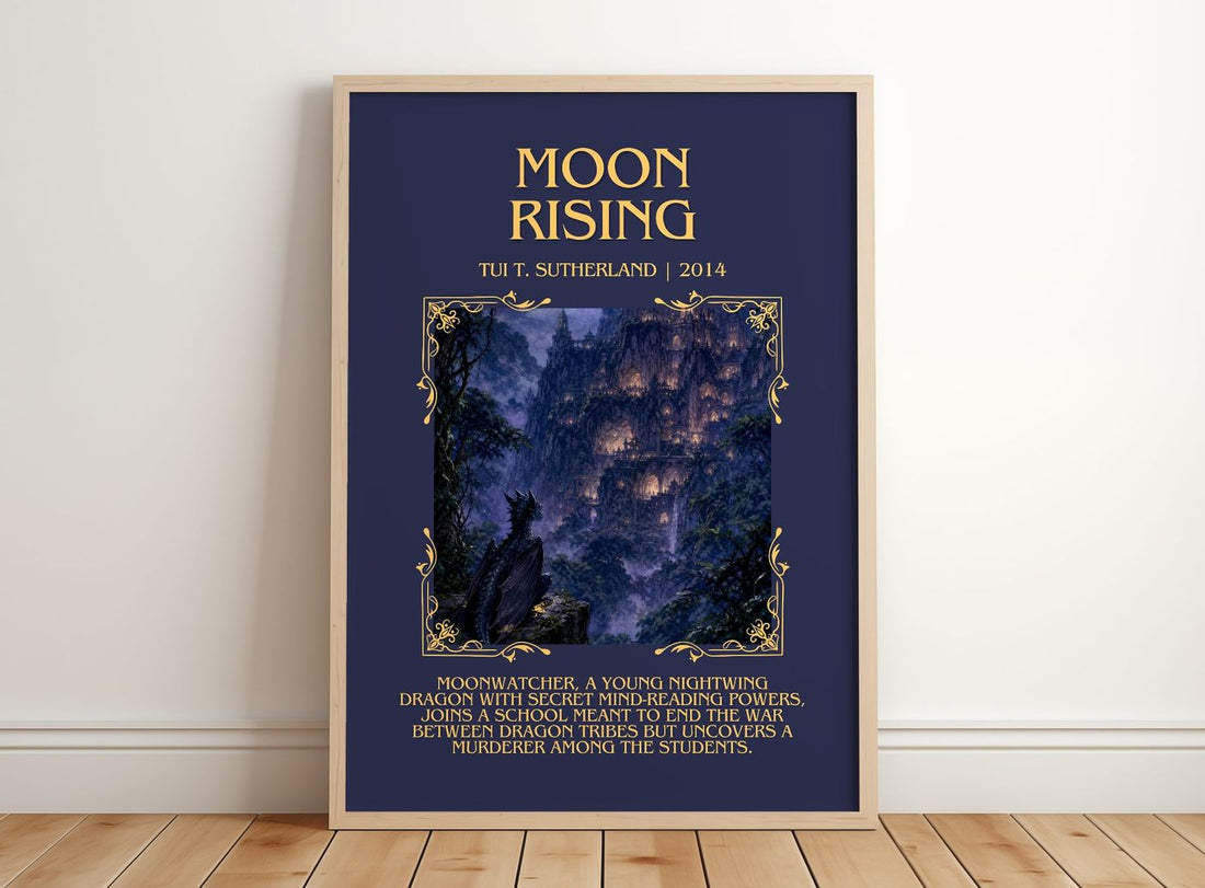 Moon Rising Minimalist Book Poster by Tui T. Sutherland – framed print leaning on a wooden floor
