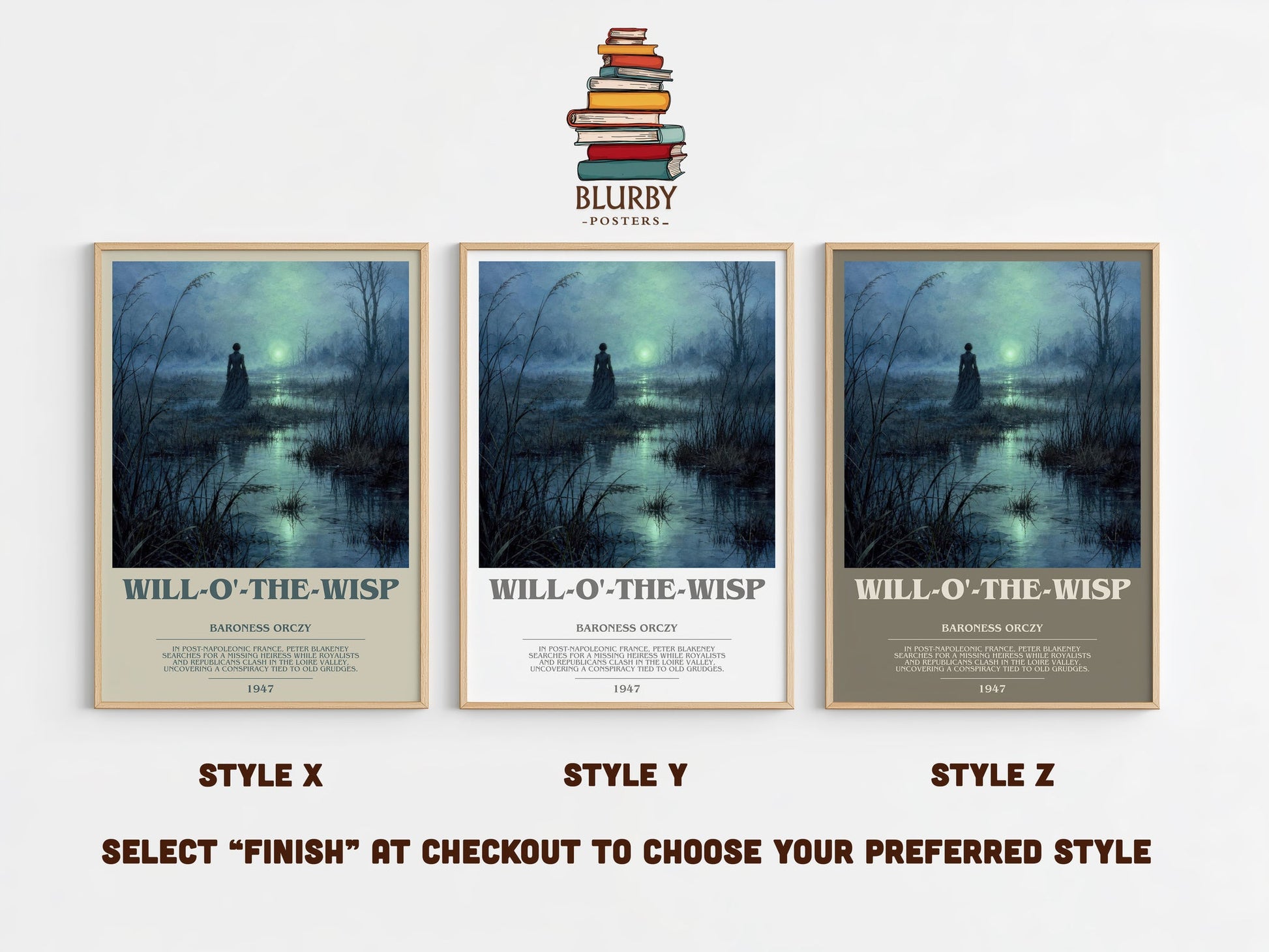 Will-O'-The-Wisp bookish print in frame leaning in hallway – historical fiction wall art
