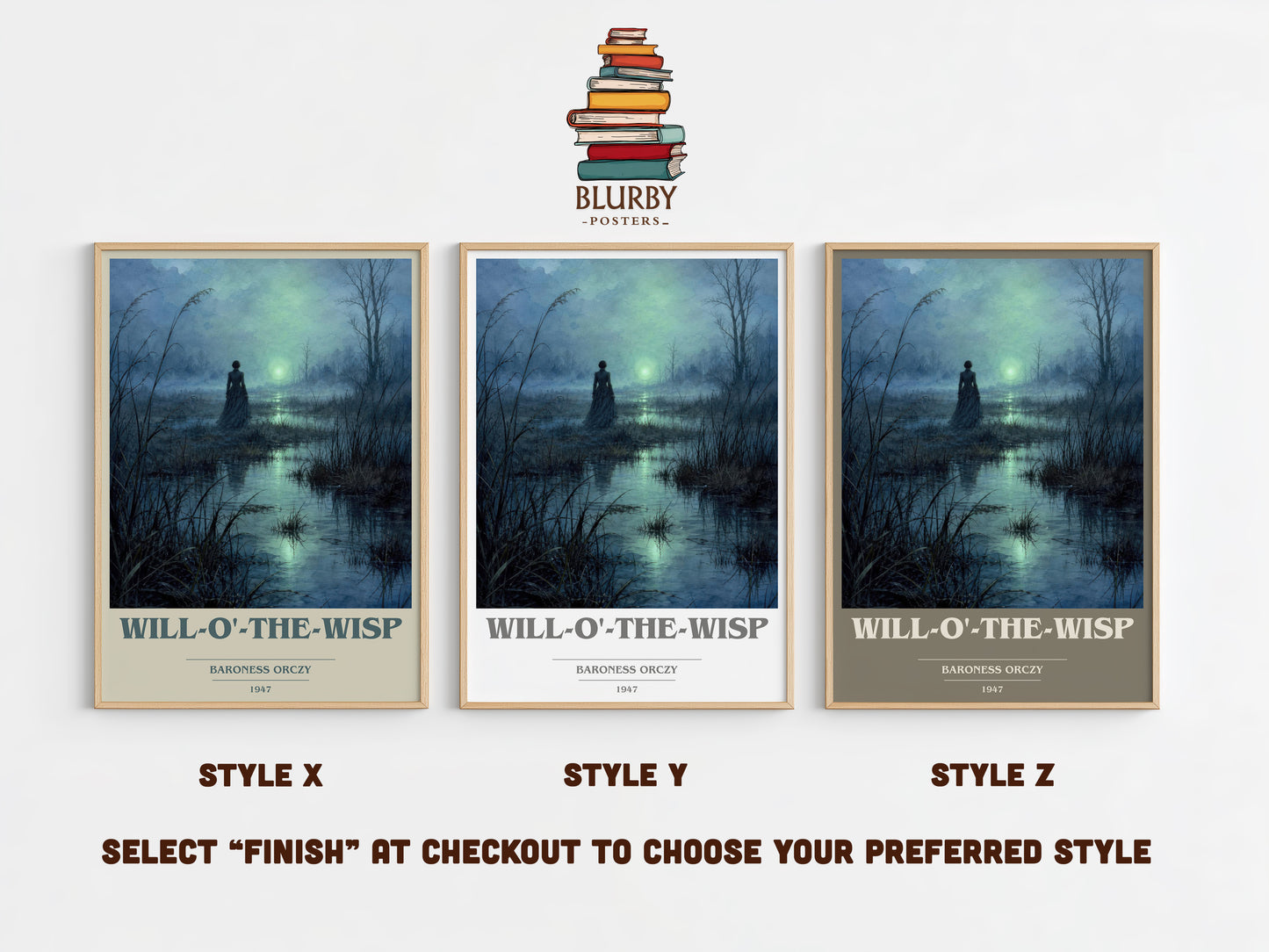 Will-O'-The-Wisp book cover print in frame leaning in hallway – historical fiction wall art
