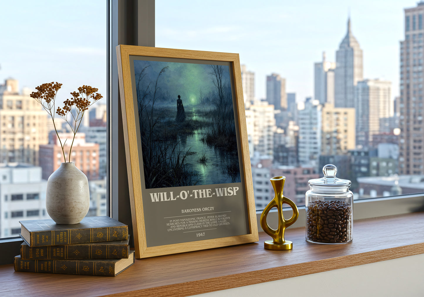 Will-O'-The-Wisp bookish print framed by window – literary home decor