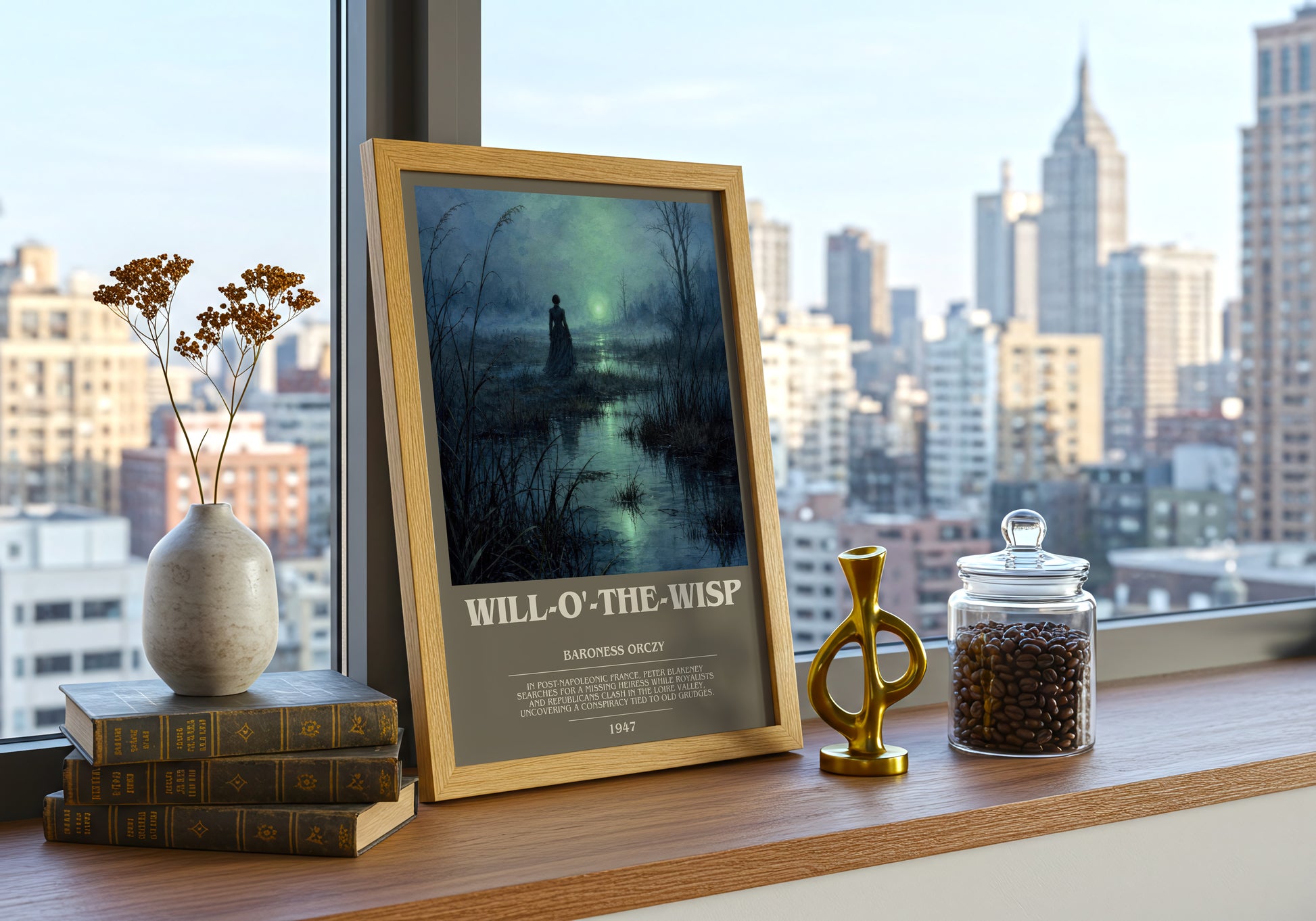 Will-O'-The-Wisp bookish print framed by window – literary home decor