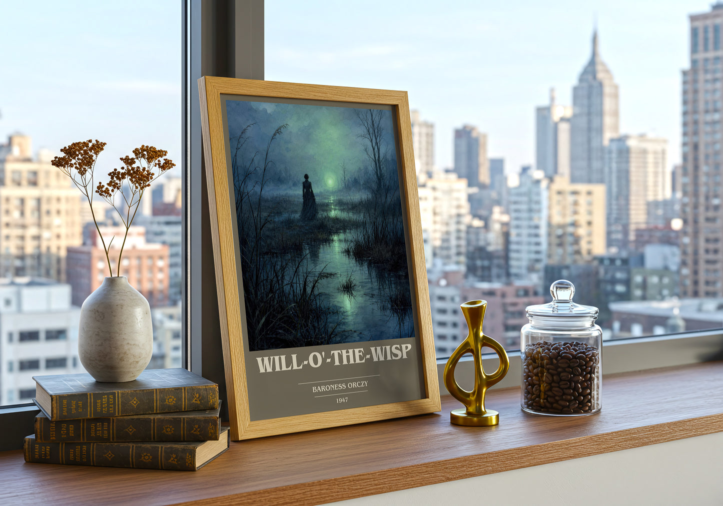 Will-O'-The-Wisp book cover print framed by window – literary home decor