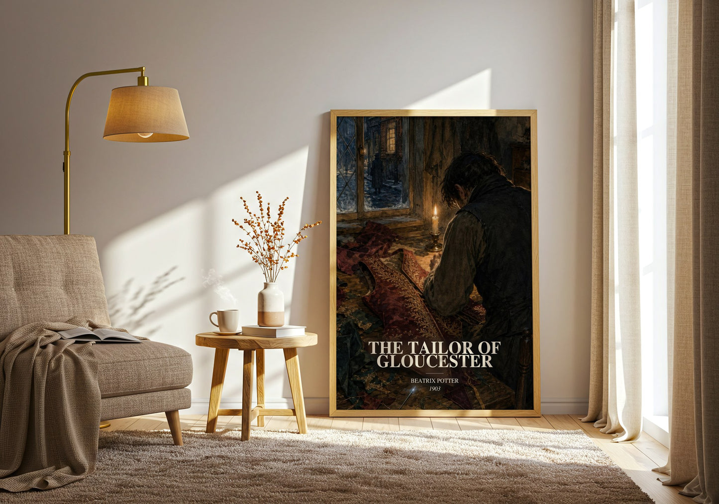 The Tailor Of Gloucester watercolour print in frame leaning in hallway – childrens wall art