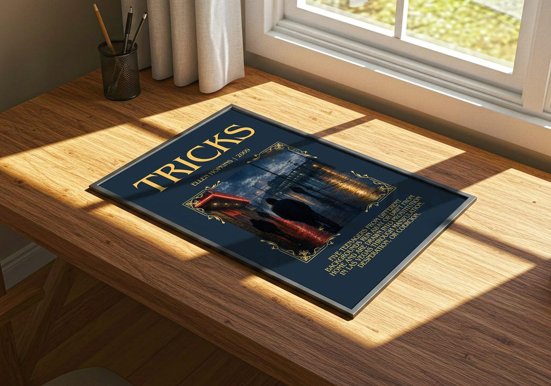 Tricks Minimalist Book Poster by Ellen Hopkins – print on a sunlit desk