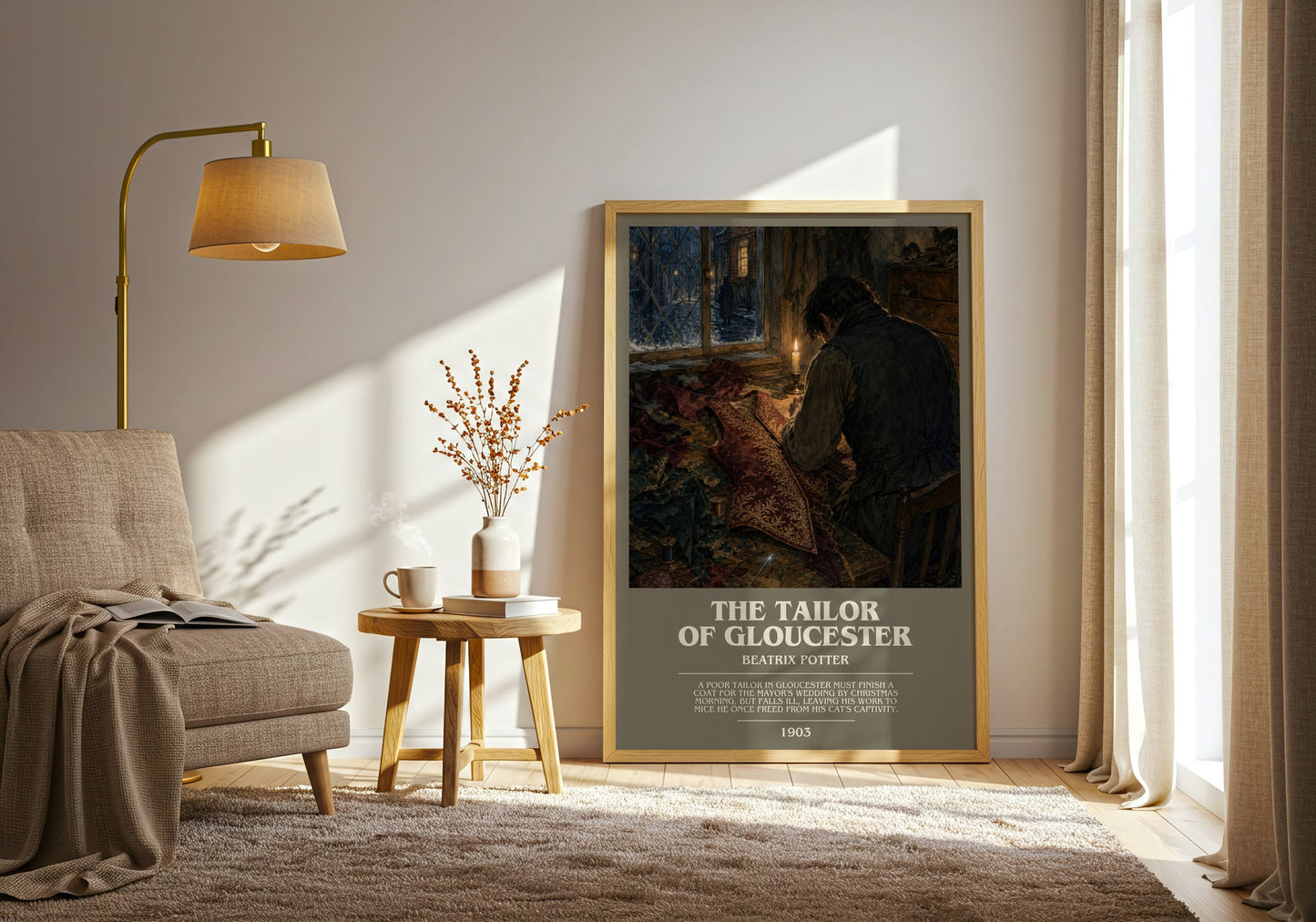 The Tailor Of Gloucester bookish print on bookshelf – Beatrix Potter fan gift