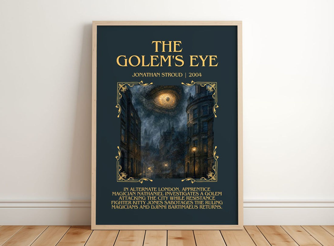 The Golem's Eye Minimalist Book Poster by Jonathan Stroud – framed print leaning on a wooden floor