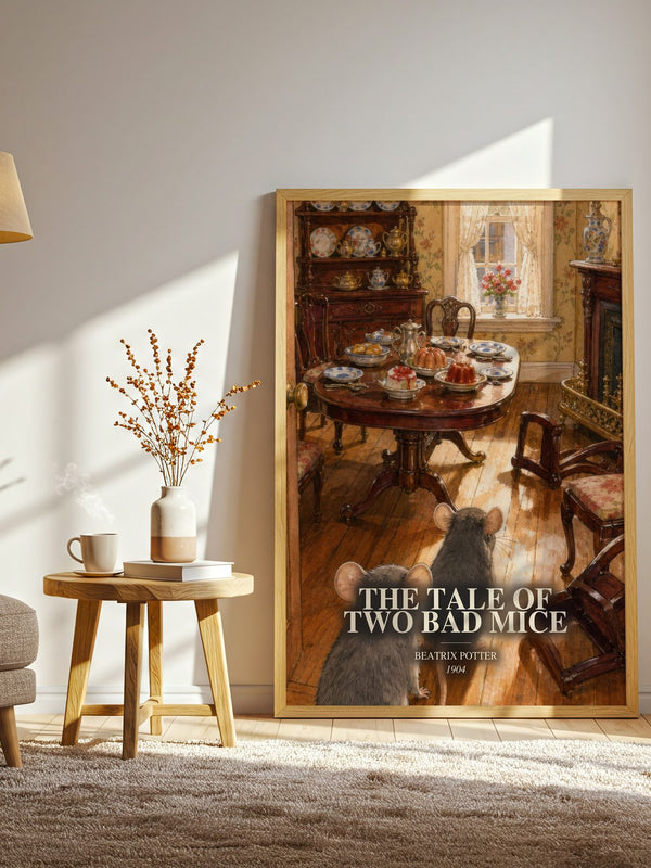 The Tale Of Two Bad Mice watercolour print in frame leaning in hallway – childrens wall art