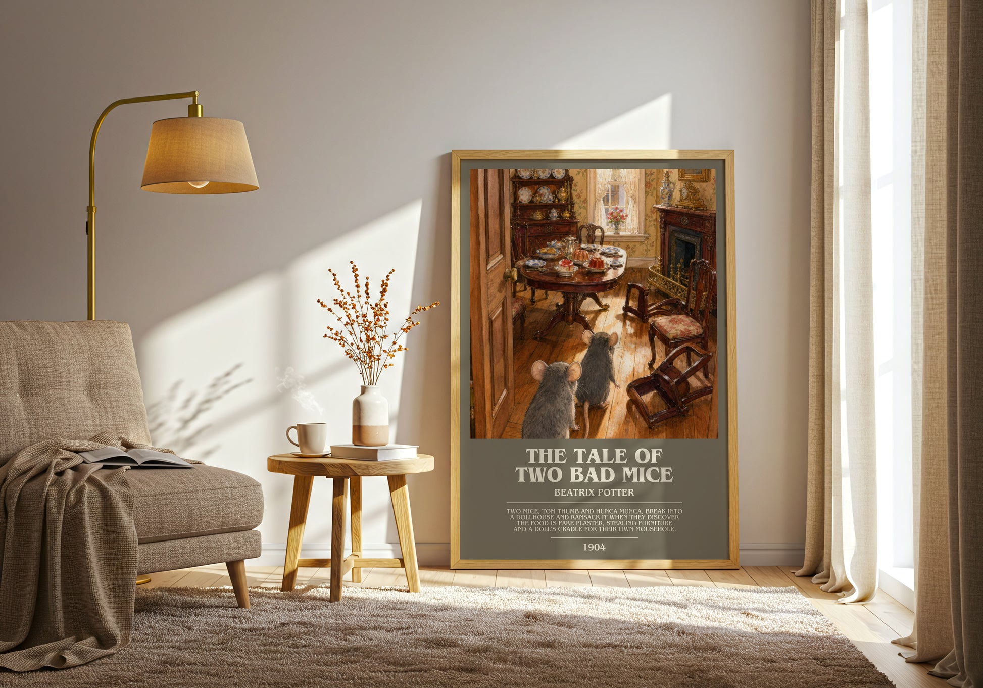 The Tale Of Two Bad Mice bookish print on bookshelf – Beatrix Potter fan gift