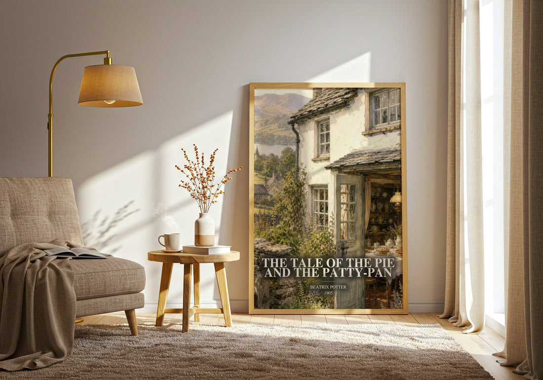 The Tale Of The Pie And The Patty-Pan watercolour print in frame leaning in hallway – childrens wall art (mockup)