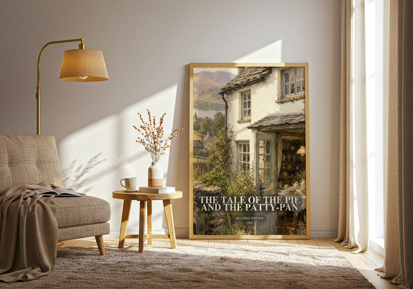 The Tale Of The Pie And The Patty-Pan watercolour print in frame leaning in hallway – childrens wall art