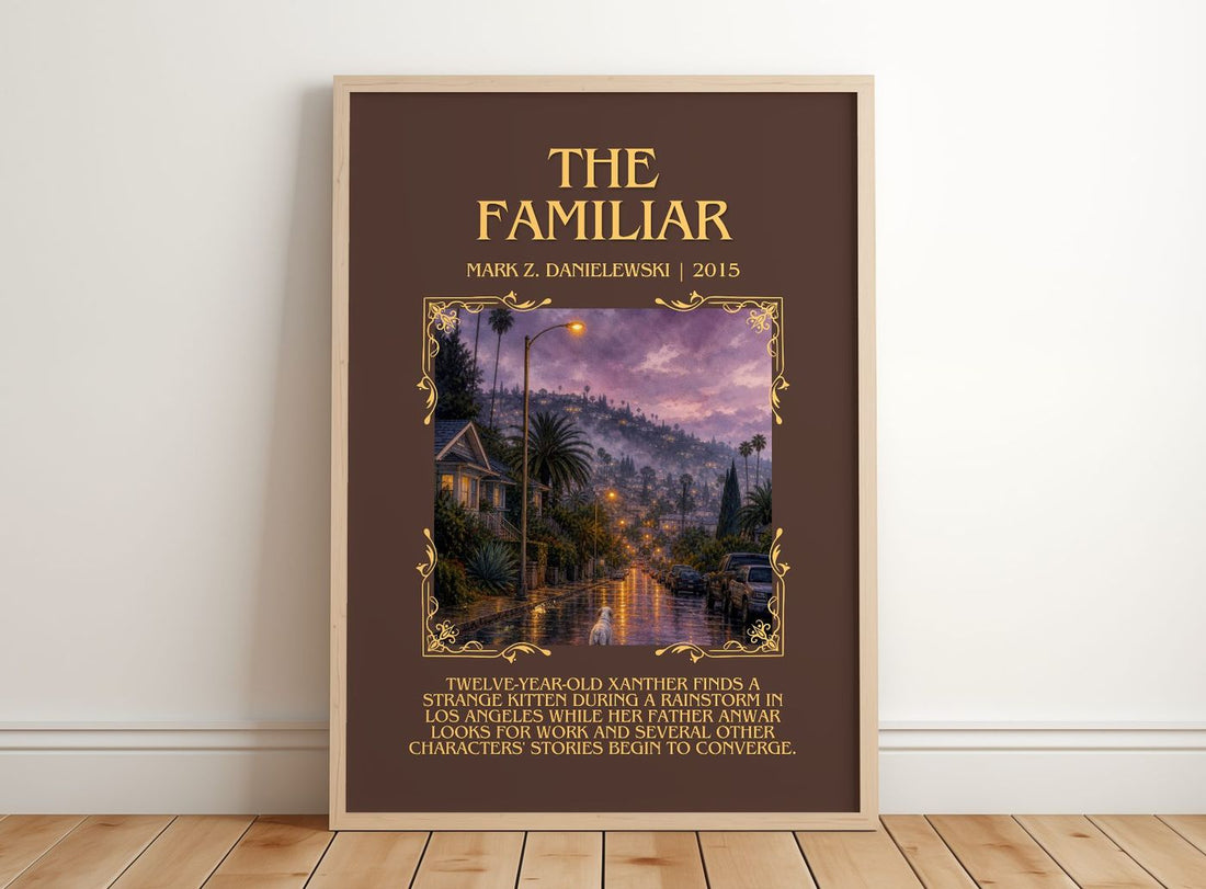 The familiar Minimalist Book Poster by Mark Z. Danielewski – framed print leaning on a wooden floor