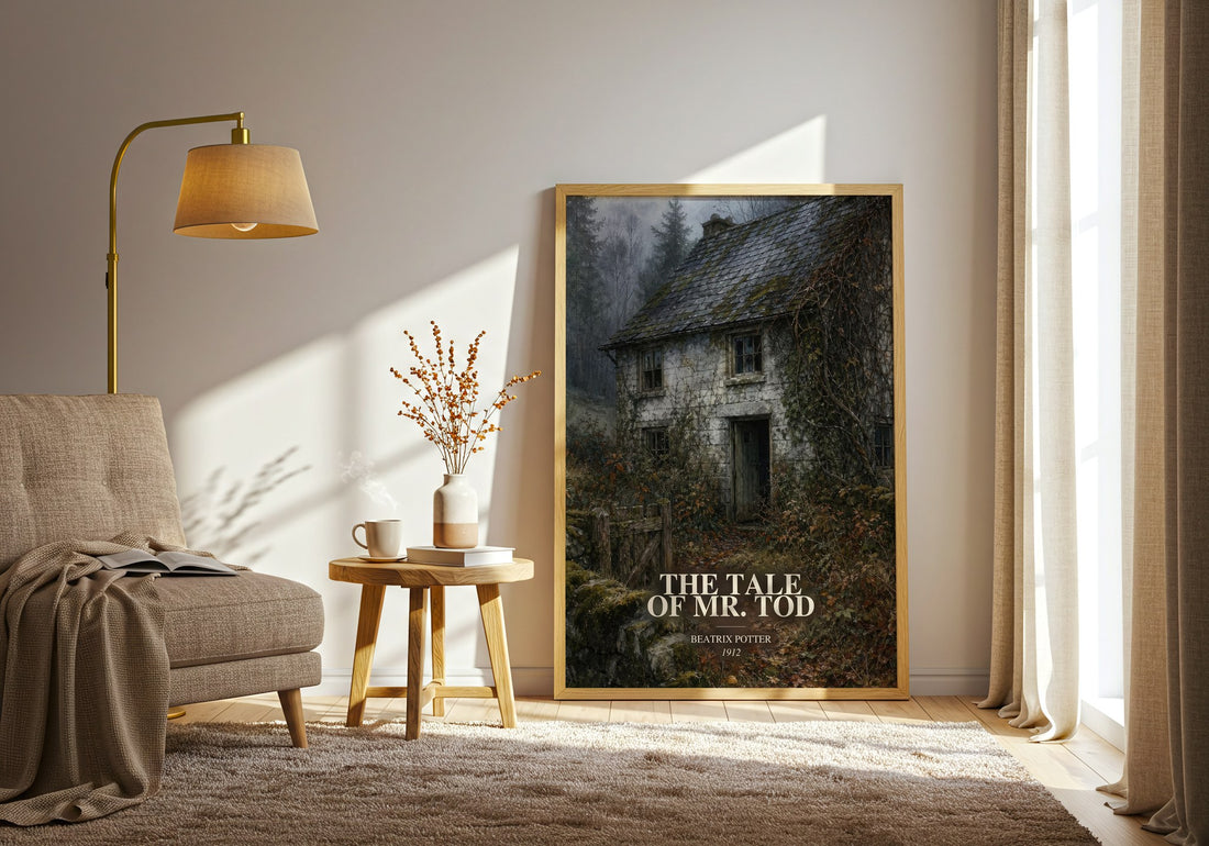 The Tale Of Mr. Tod watercolour print in frame leaning in hallway – childrens wall art (mockup)