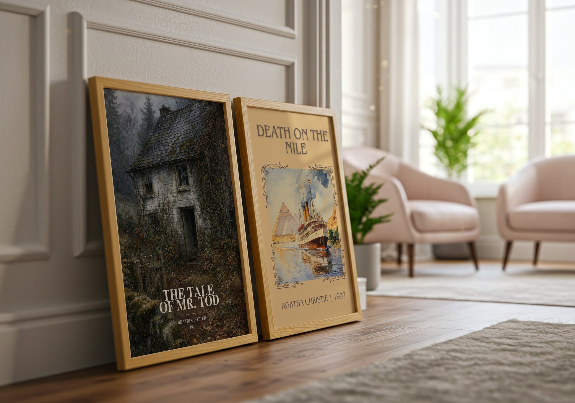 The Tale Of Mr. Tod watercolour print framed by window – literary home decor