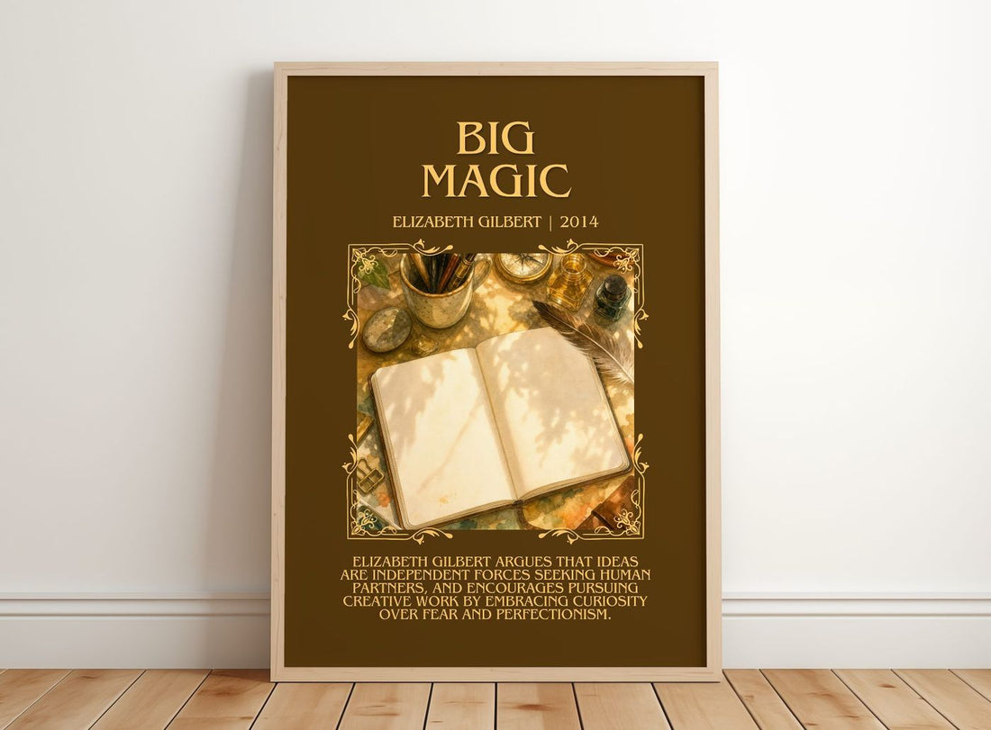 Big Magic Minimalist Book Poster by Elizabeth Gilbert – framed print leaning on a wooden floor