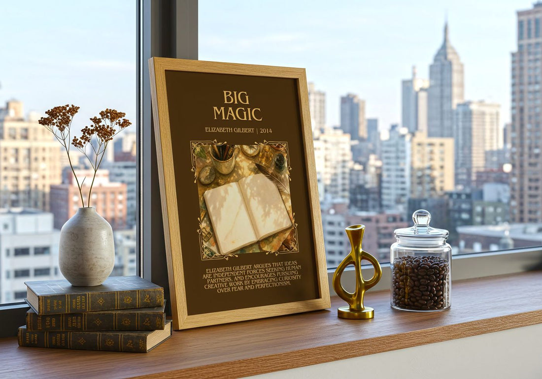 Big Magic Minimalist Book Poster by Elizabeth Gilbert – framed print on a city-view windowsill