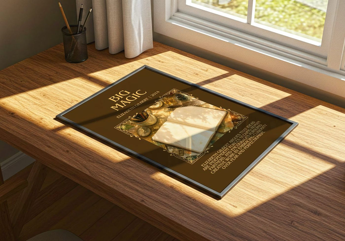 Big Magic Minimalist Book Poster by Elizabeth Gilbert – print on a sunlit desk