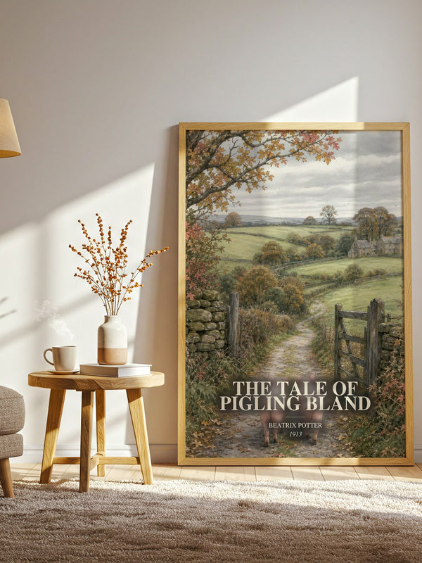 The Tale Of Pigling Bland watercolour print in frame leaning in hallway – childrens wall art