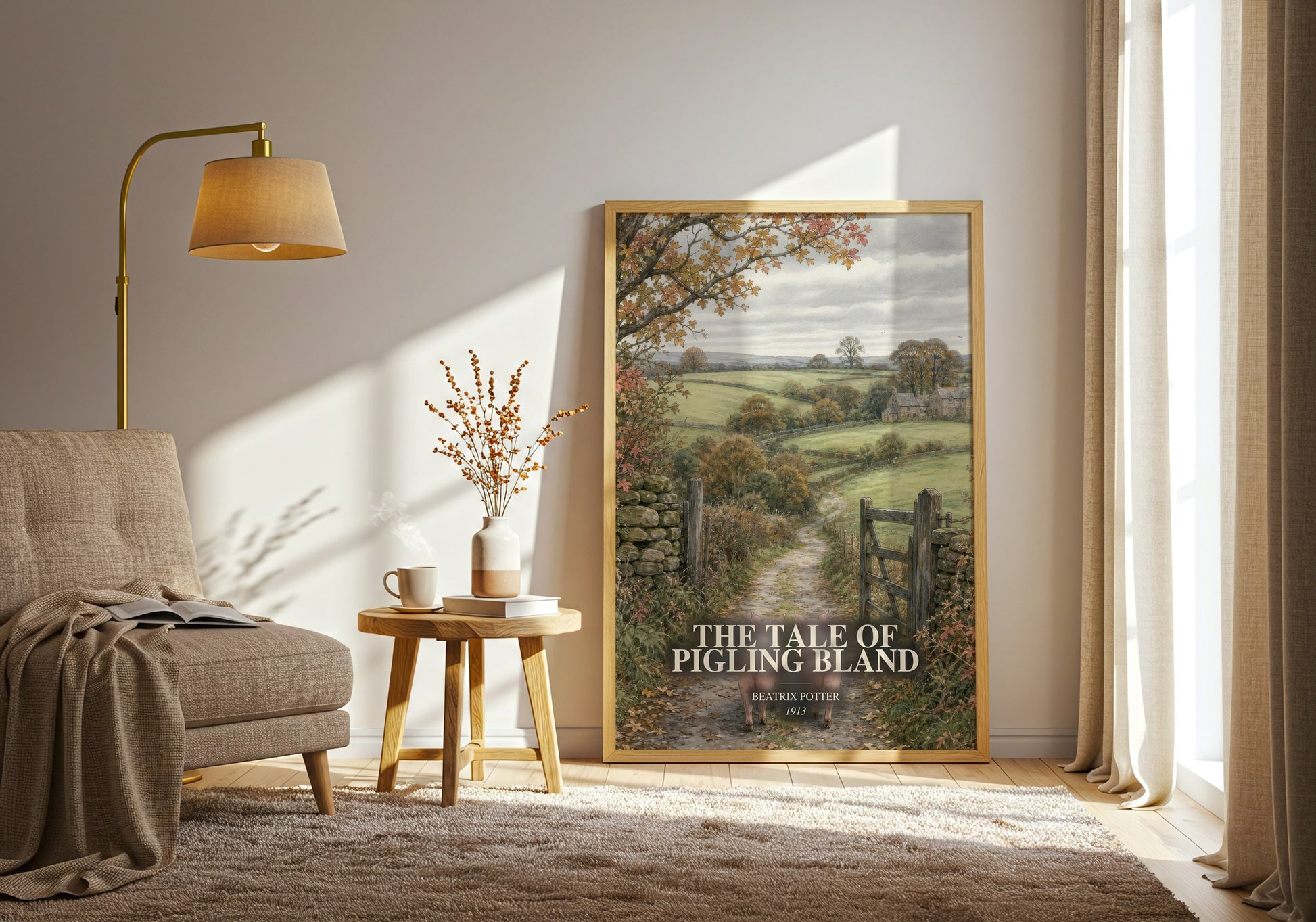 The Tale Of Pigling Bland watercolour print in frame leaning in hallway – childrens wall art