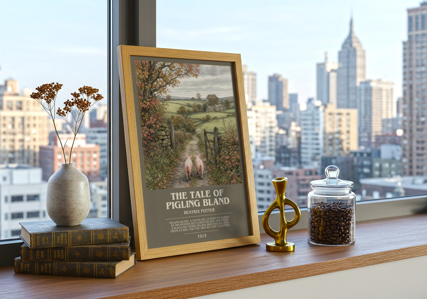 The Tale Of Pigling Bland bookish print framed by window – literary home decor