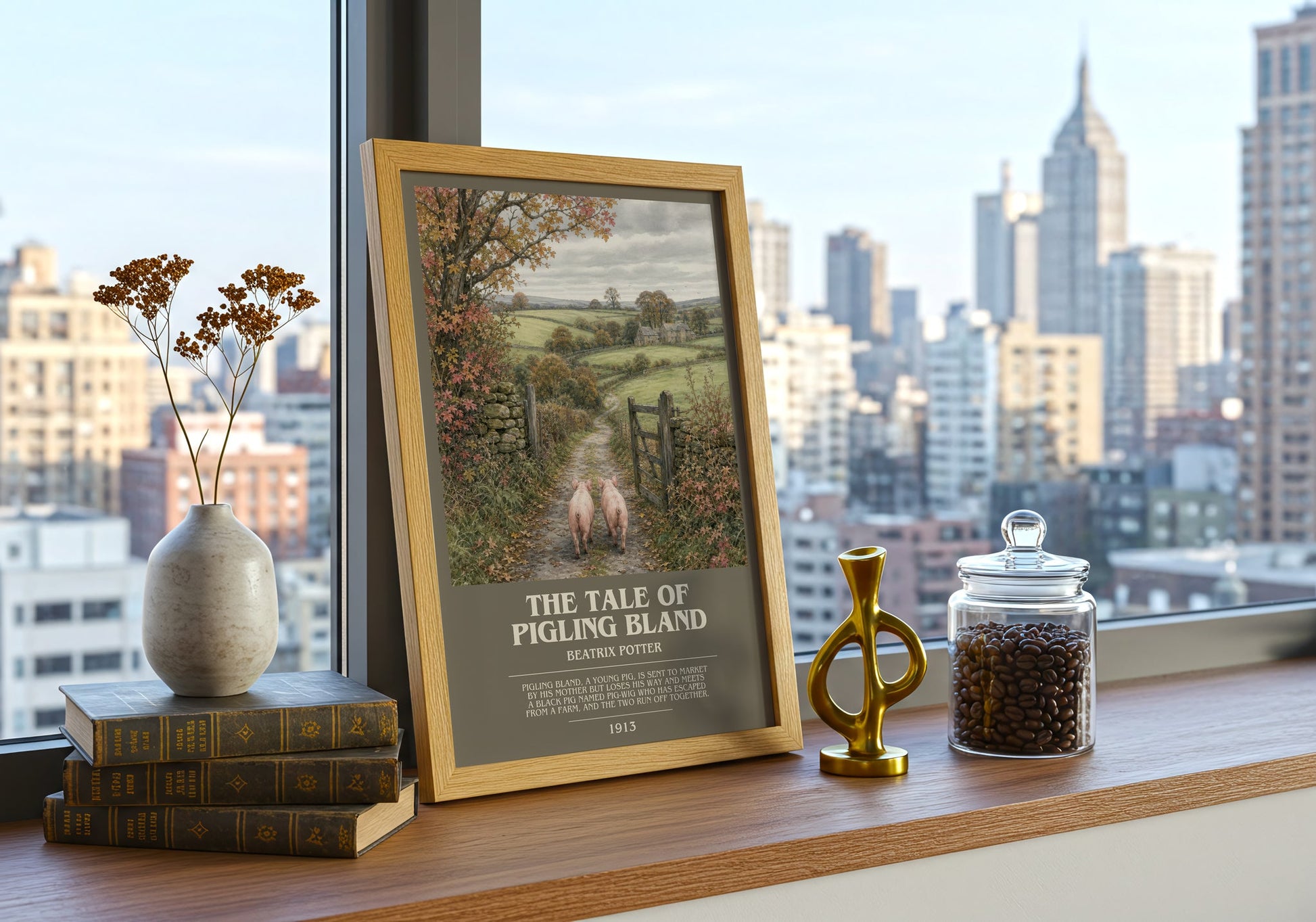 The Tale Of Pigling Bland bookish print framed by window – literary home decor