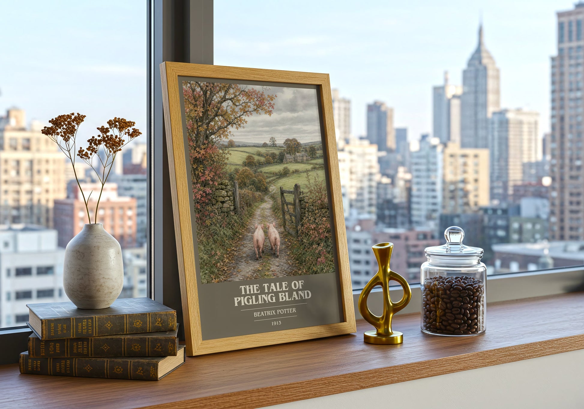 The Tale Of Pigling Bland book cover print framed by window – literary home decor