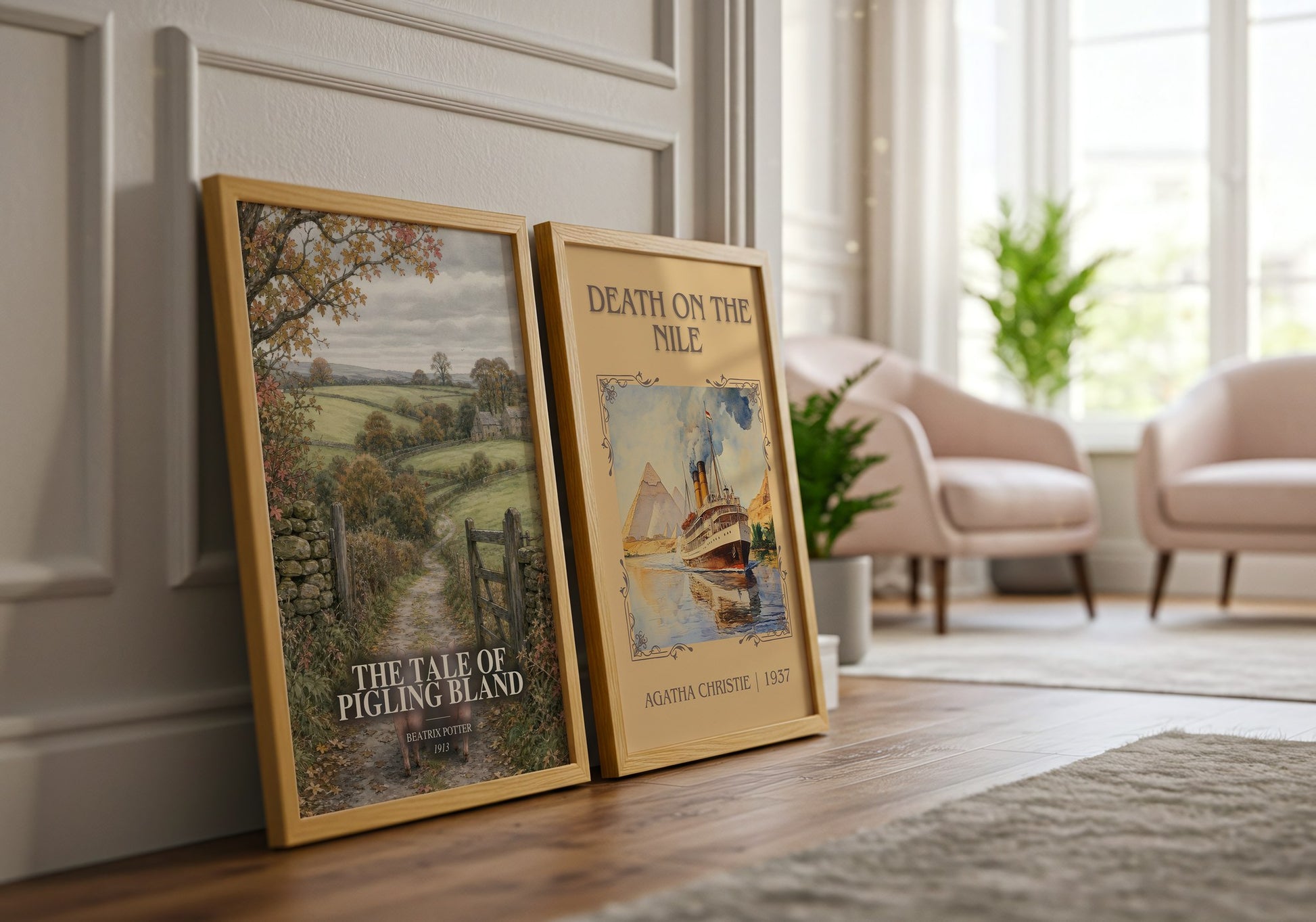 The Tale Of Pigling Bland watercolour print framed by window – literary home decor